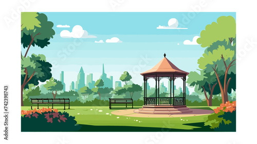 City park with bench and trees. Vector illustration in flat style.