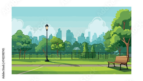 City park with bench and trees. Vector illustration in flat style.