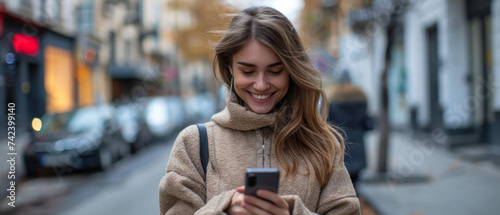 A woman walks on an urban street, smiling while looking at her smartphone. She wears a cozy fleece jacket and carries a shoulder bag, with blurred city background.