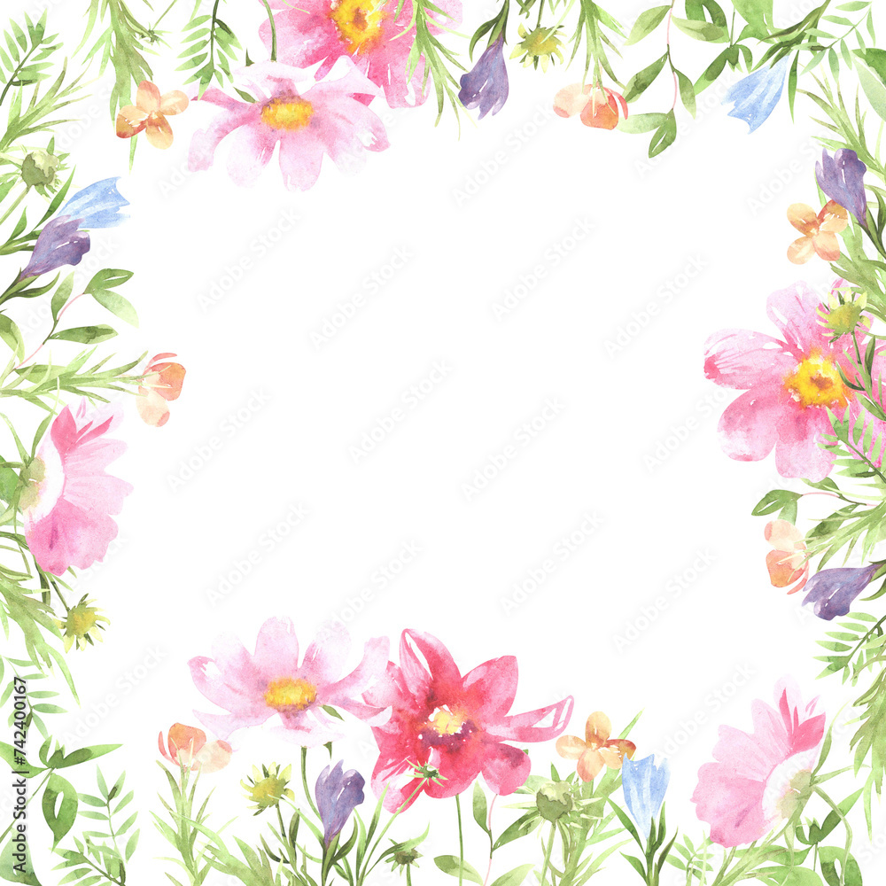 watercolor frame of wild and garden flowers
