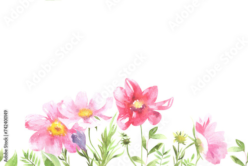 seamless watercolor border of wild and garden flowers