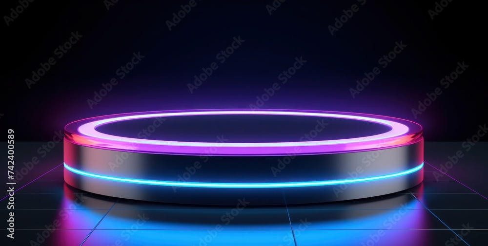 Podium round blue and purple neon light on dark background Podium round blue and purple neon light on dark background