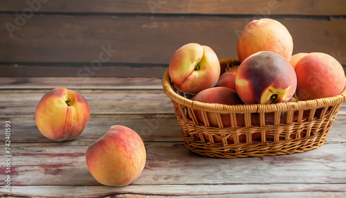 Fresh peaches in wicker basket on wooden background; copy space; rustic food photography