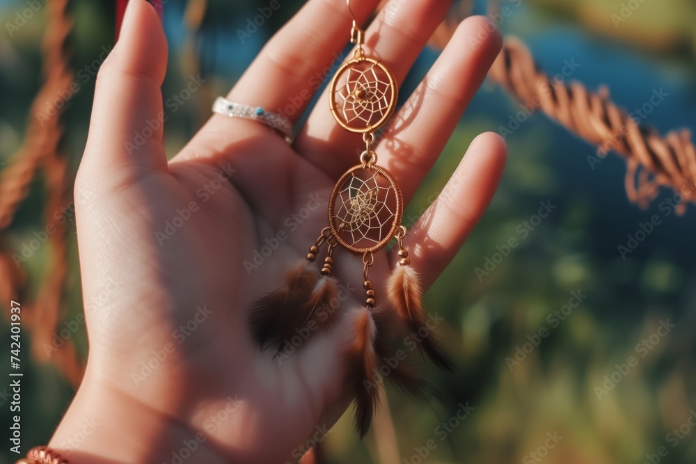 closeup of a hand holding a dreamcatcher earring - obrazy, fototapety, plakaty 