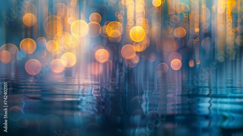 Abstract Reflection of Warm Bokeh Lights on Water 