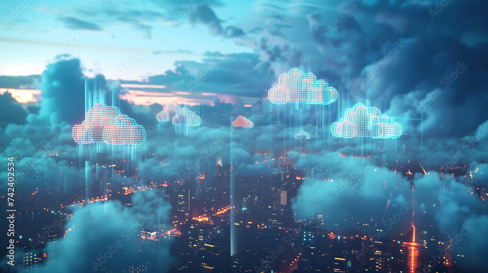 Smart City Network: Data Cloud Technology, Cloud Computing, and Global Business Networking Structure.Cityscape with Data Connections and Global Business Networking Structure Smart City Network: Data Cloud Technology, Cloud Computing, and Global Business Networking Structure.Cityscape with Data Connections and Global Business Networking Structure