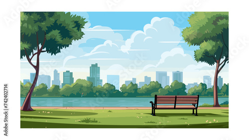 City park with bench, trees and skyscrapers. Vector illustration