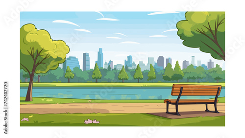 City park with bench, trees and skyscrapers. Vector illustration