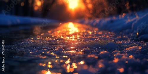 The suns bright rays pierce through the ice on the ground, creating a captivating winter landscape. © Yana