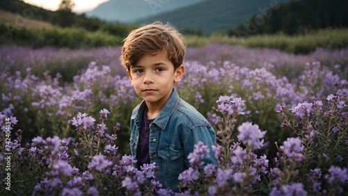 A handsome young boy teen among purple flowers with a confident look photo