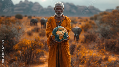 a man in an orange robe is holding a globe in a field with elephants in the background