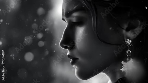 A black and white portrait of a woman with a snowflakeshaped crystal hanging from her ear, her features highlighted by the gentle glow of illuminated snowfall. photo