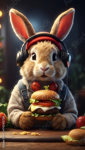 A rabbit in headphones with a juicy burger in his hands. An appetizing fantasy plot, photorealism, high image detail.