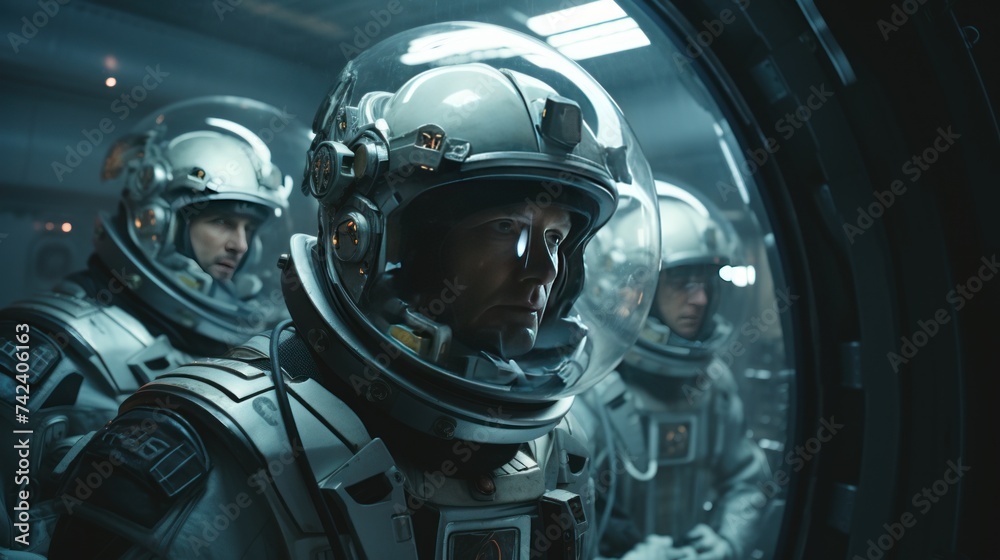 Team of astronauts in a space suits aboard the orbital station. A crew of cosmonauts piloting the spaceship. People in space. Galactic travel and science concept. Team of astronauts in a space suits aboard the orbital station. A crew of cosmonauts piloting the spaceship. People in space. Galactic travel and science concept.