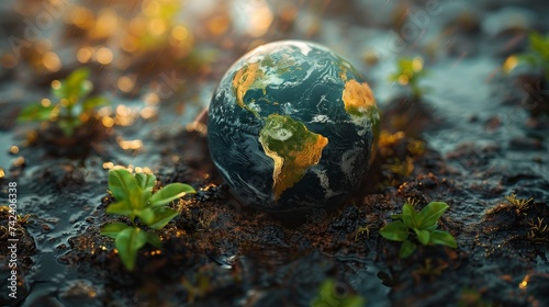 A globe rests atop soil amidst small plants, creating a terrestrial scene