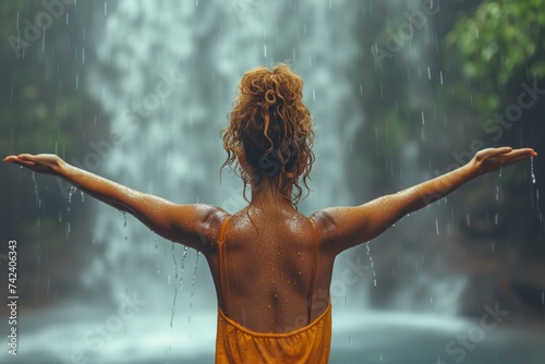 Portrait of beautiful young sexy happy woman girl under the splashing falling water shower waterfall. Back view of woman.Relaxation under waterfall.