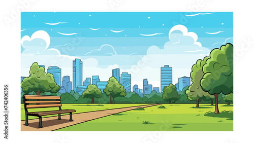 Park scene with bench and city in the background. Vector illustration.