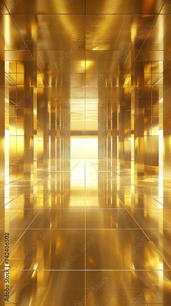 The stark geometry of a luminous gold corridor is highlighted by the interplay of light and shadow. The architectural design exudes a minimalist yet rich aesthetic appeal.