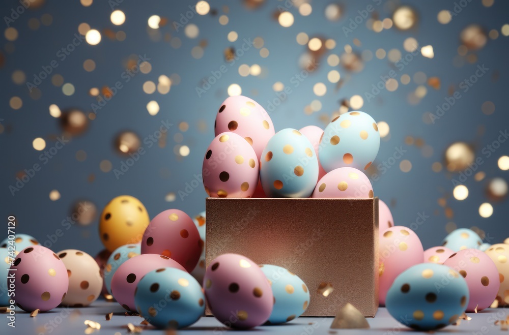 colorful and fanciful easter eggs flying out of a box on blue blue background