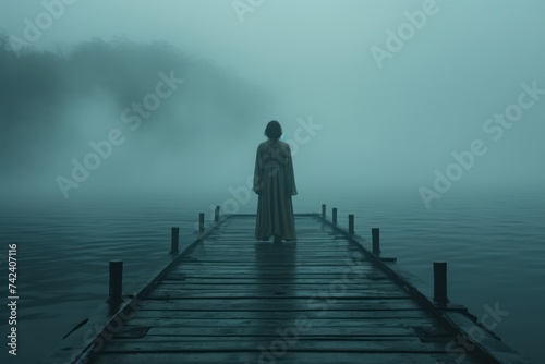 person standing on a pier in the fog