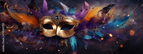 carnival mask in blue and purple color background with feathers
