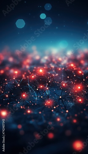 an image of a computer network with red light and lines