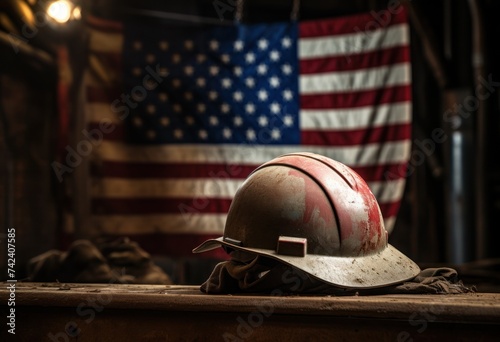 american flag with hard hat
