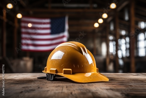 hard hat on table next to american flag