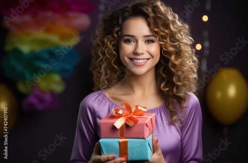 a young woman is holding birthday party present in the background