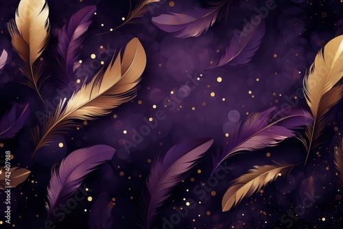 purple and gold feathers on purple background