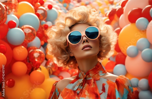 a woman with colorful balloons and sunglasses