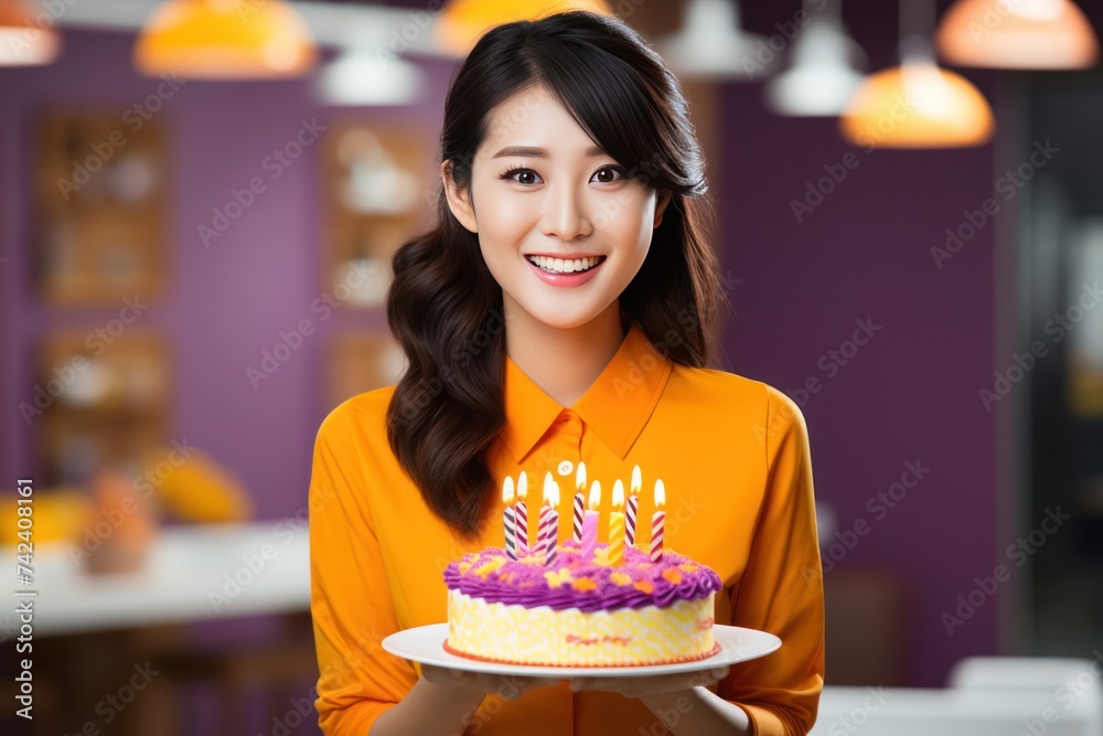 a woman in a yellow shirt is holding a birthday cake