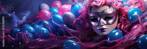 a blue and pink mask with balloons in the background
