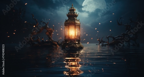 a lantern is on the ground above a water surface with the moon below it