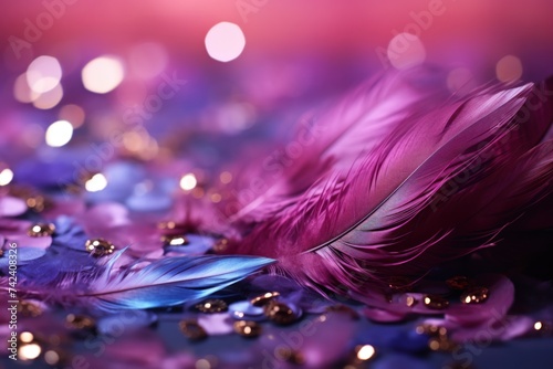 purple background with feathers and confetti