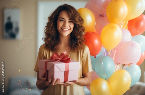 a woman holds out a box of colorful balloons