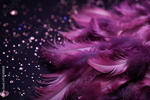 an arrangement of purple feathers on a purple background