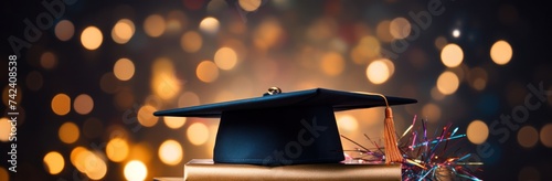 a graduation cap is on top of a stack of books with balloons