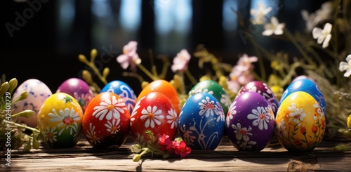 a group of colored easter eggs spread across the wood