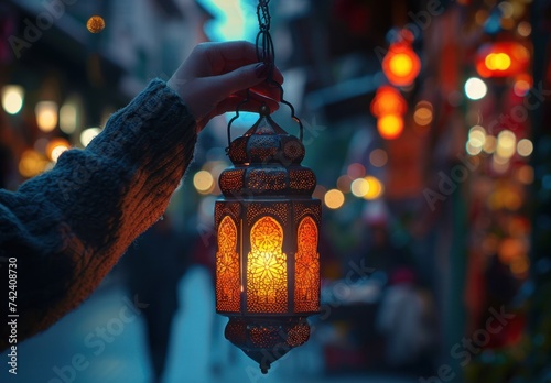 person holding a decorative hung lantern in marrakech at dusk