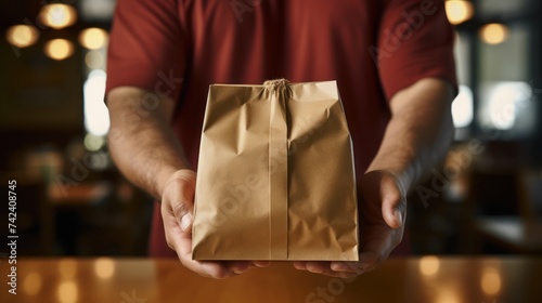 Close-up of a takeaway package being separated in the hands of an employee. © suteeda
