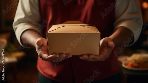 Close-up of a takeaway package being separated in the hands of an employee. © suteeda