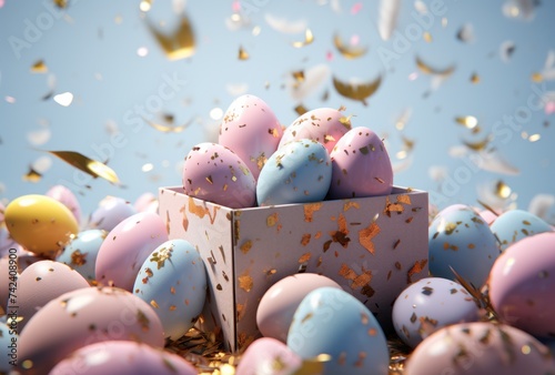 eggs falling out of a box on a blue background