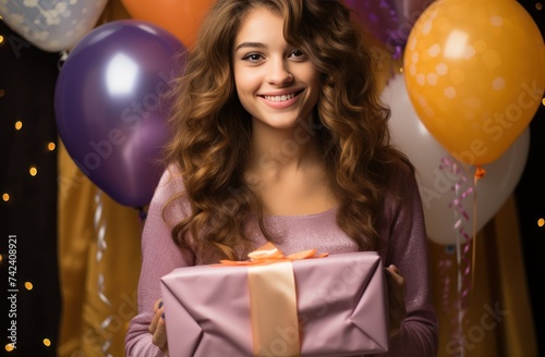 a young woman is holding birthday party present in the background