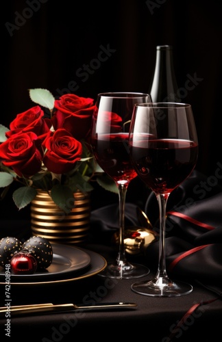valentine day table setting with wine glasses and red roses