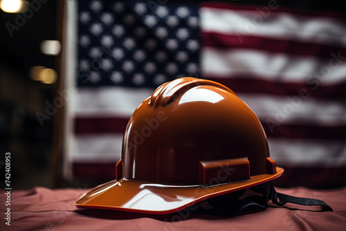 a construction hard hat and flag