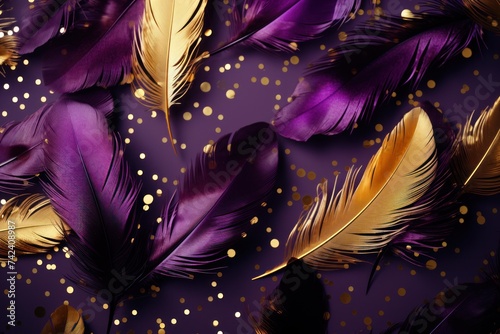 purple and gold feathers on purple background
