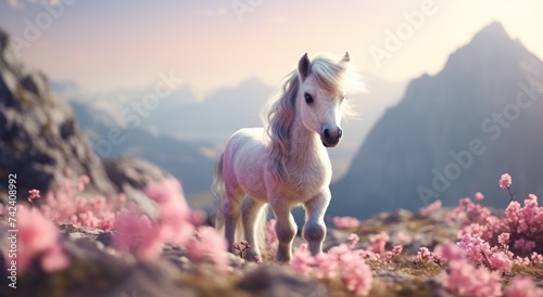 a pony standing in nature with mountains in the background