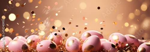 golden and pink eggs in motion with sparklers on the gold background