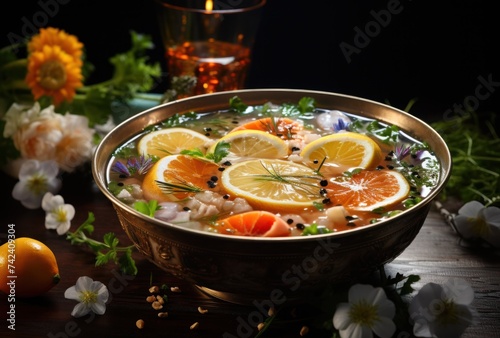 a bowl of seafood soup is being flavored with lemon